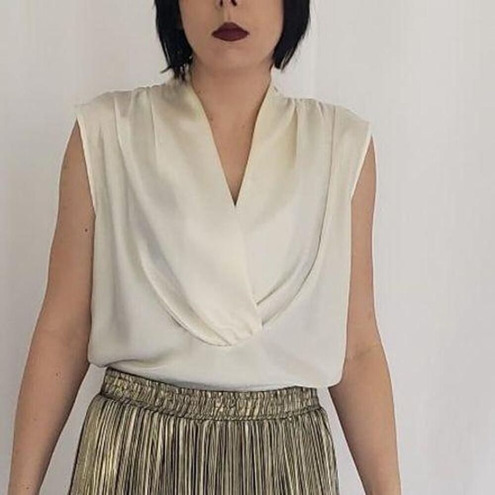 Vintage Cream Draped V-Neck Sleeveless Blouse